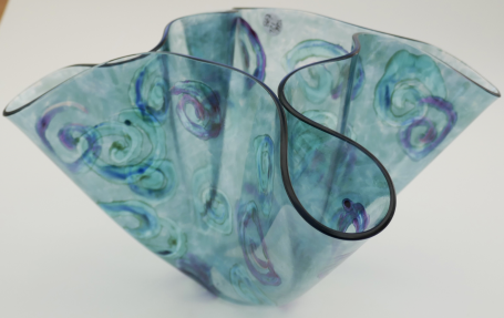 2759 Handkerchief vase with enamelled Dark green background with light blue and purple spirals. 280 x 160mm £85 +P+P